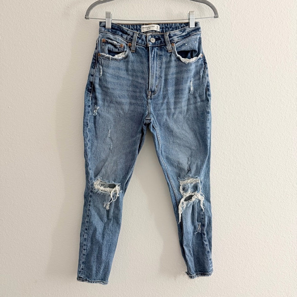 Abercrombie & Fitch Women’s The Mom High Rise Curve Love Distressed Denim Jeans